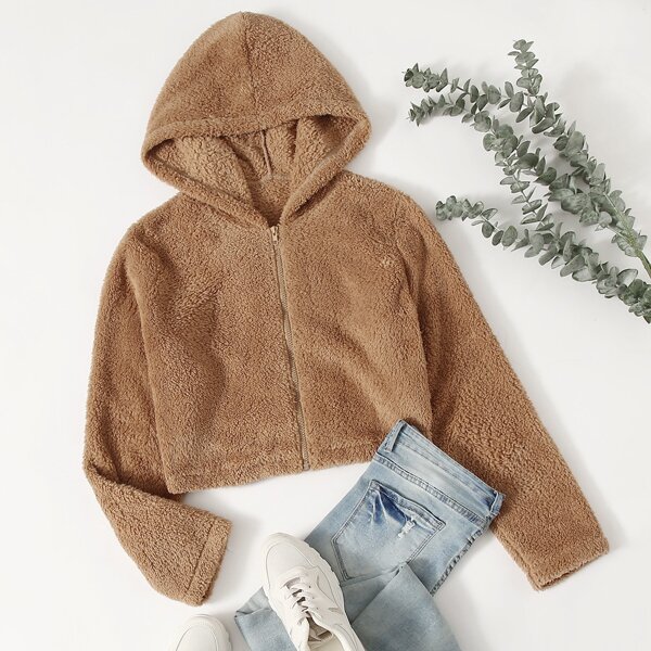 

Plus Zip Up Hooded Teddy Jacket, Camel