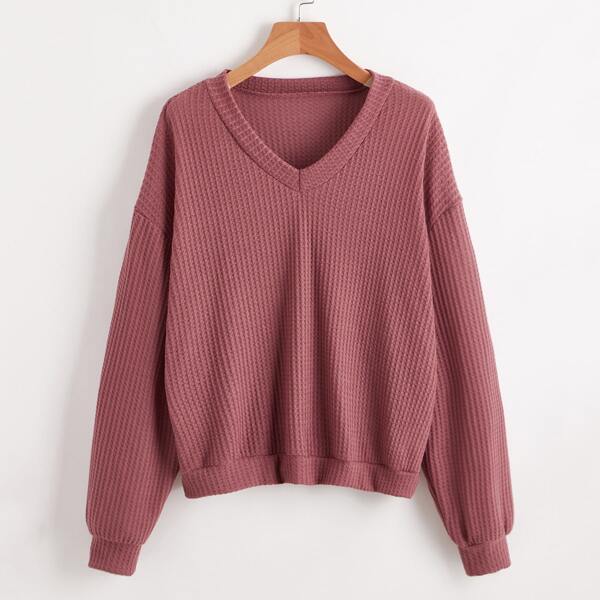 

Plus V-neck Waffle Knit Sweatshirt, Redwood