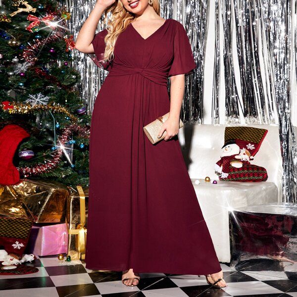

Plus Butterfly Sleeve Twist Front Chiffon Dress, Maroon