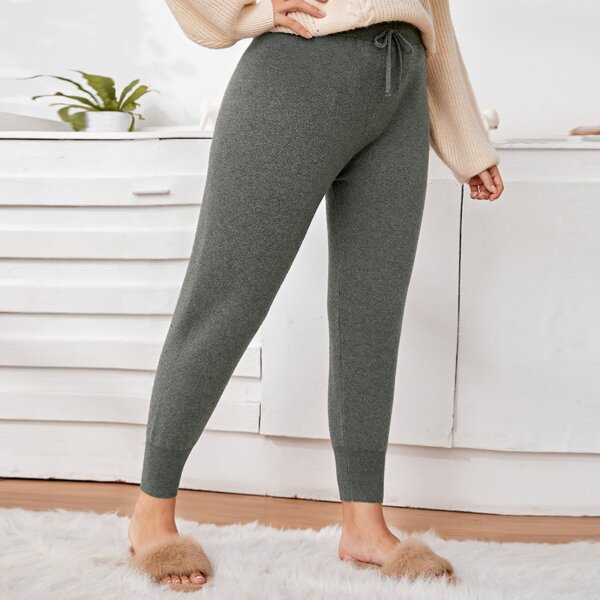 

Plus Solid Drawstring Waist Ribbed Pants, Grey