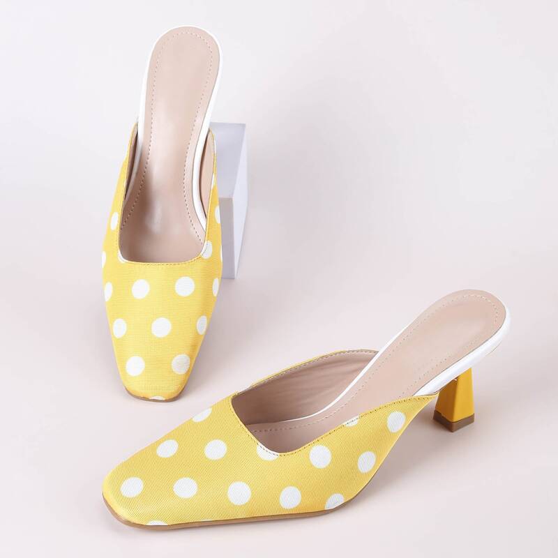 

Square Toe Polka Dot Heeled Mules, Yellow
