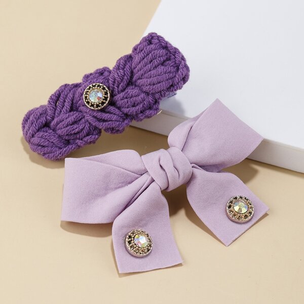 

2pcs Rhinestone Decor Bow & Braided Hair Clip, Purple