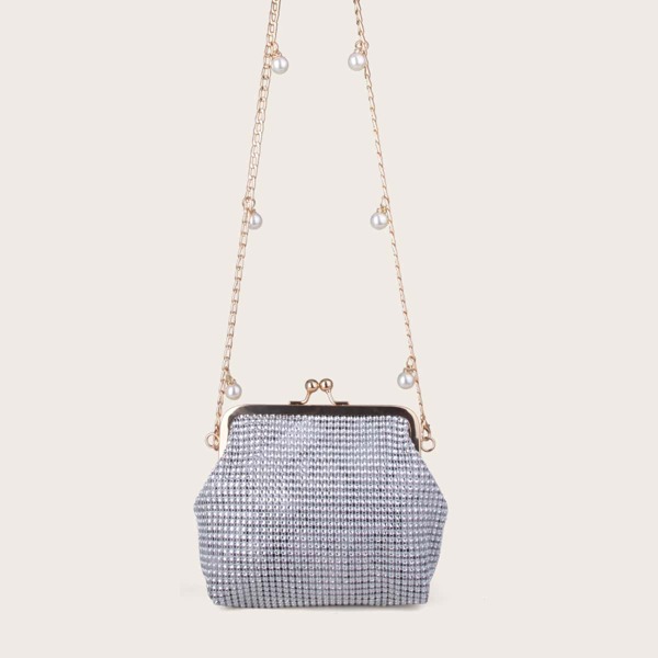

Rhinestone & Faux Pearl Decor Kiss Lock Clutch Bag, Silver