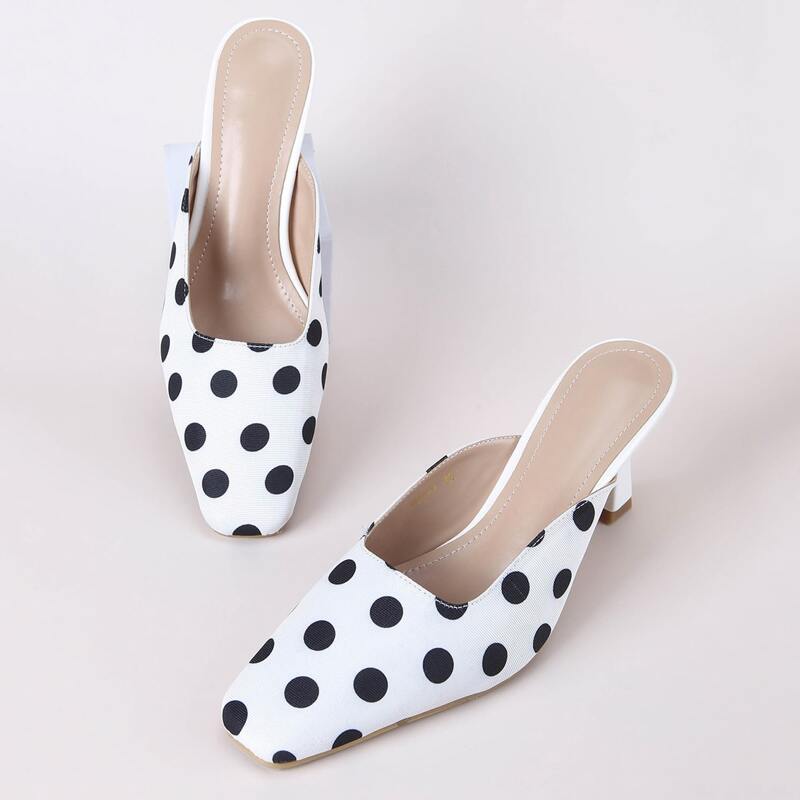 

Square Toe Polka Dot Heeled Mules, Black and white