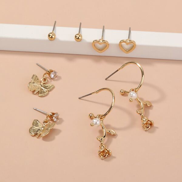 

4pairs Faux Pearl Detail Butterfly Earrings, Gold