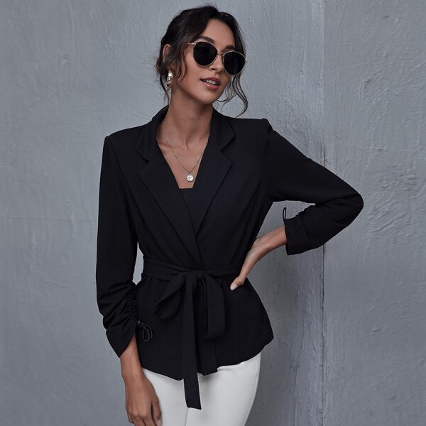 

Notched Collar Drawstring Sleeve Self Belted Blazer, Black