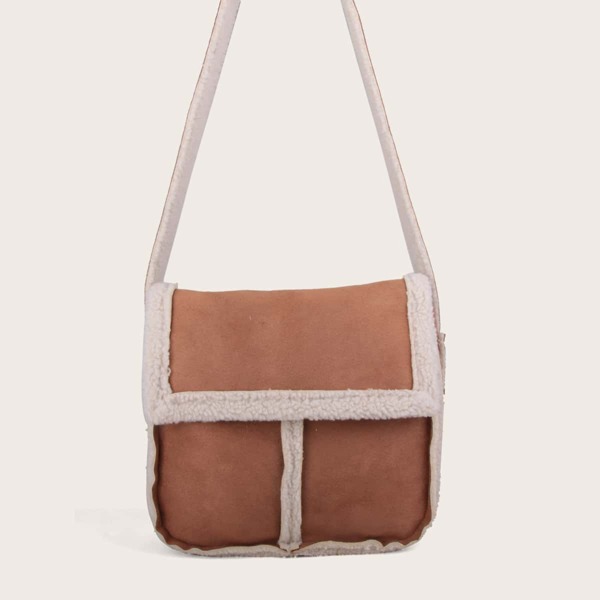 

Faux Shearling Panel Flap Crossbody Bag, Khaki