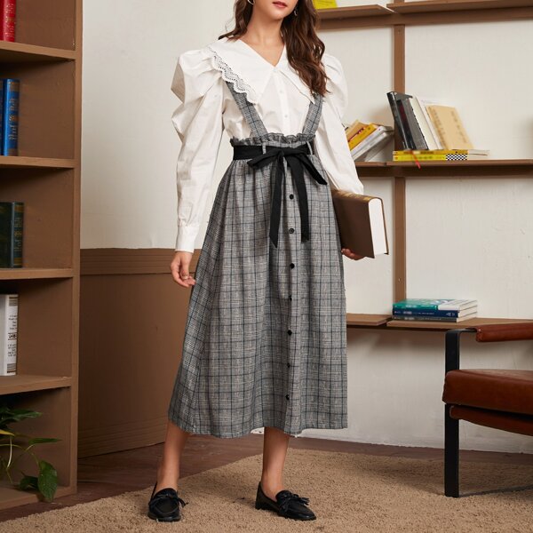 

Paperbag Waist Buttoned Front Plaid Pinafore Skirt, Grey