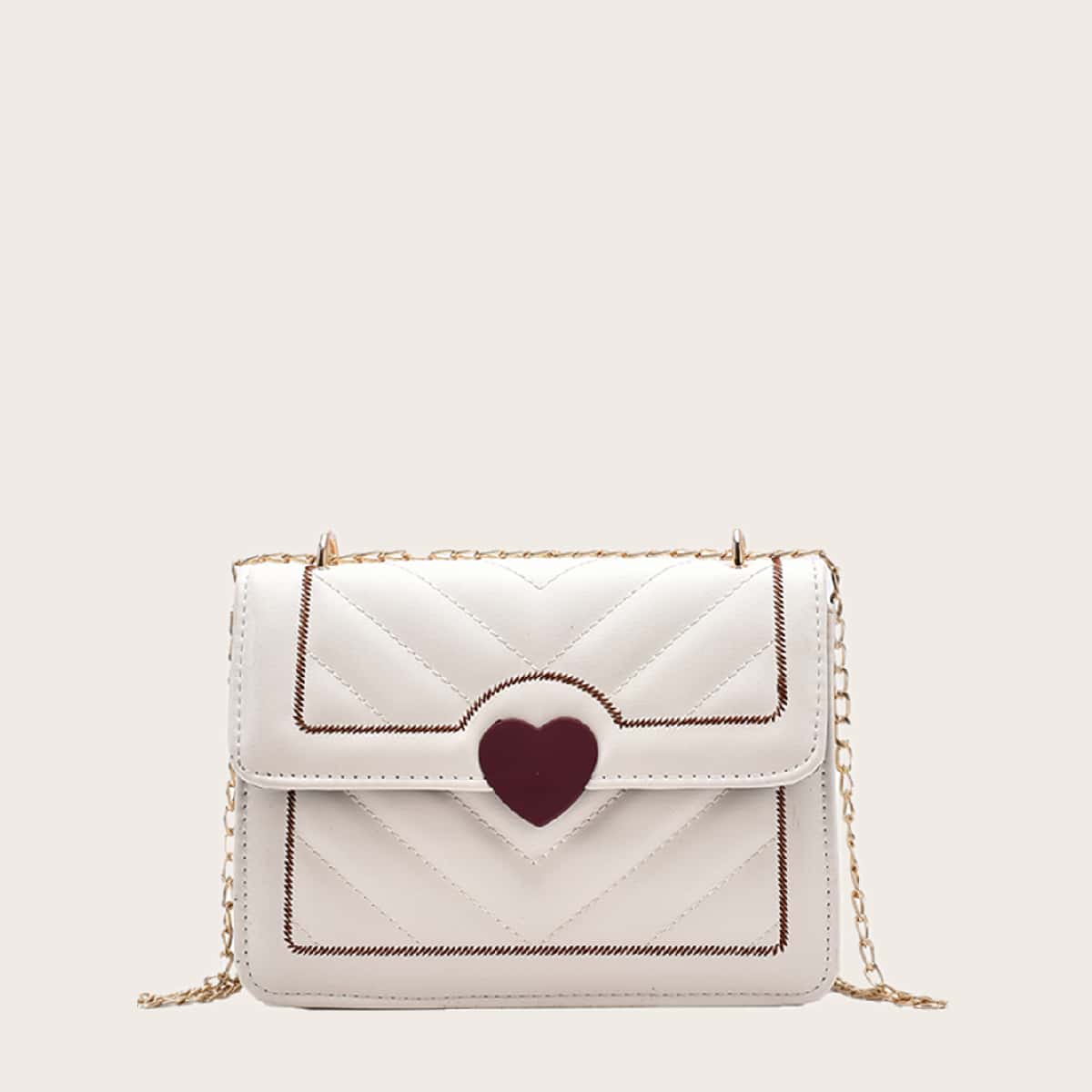 

Heart Pattern Stitch Detail Flap Crossbody Bag, White