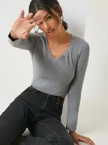 SHEIN BASICS Cotton V-Neck Fitted Crop Top - Grey - View 1