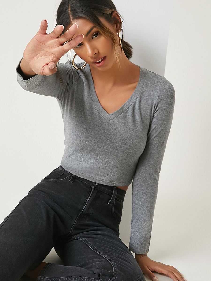 SHEIN BASICS Cotton V-Neck Fitted Crop Top - Grey - View 1