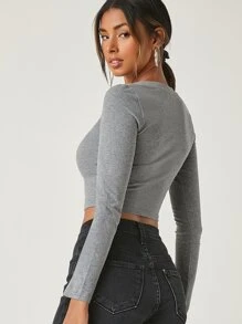SHEIN BASICS Cotton V-Neck Fitted Crop Top - Grey - View 2