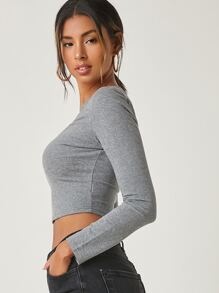 SHEIN BASICS Cotton V-Neck Fitted Crop Top - Grey - View 3