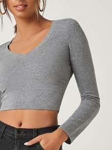 SHEIN BASICS Cotton V-Neck Fitted Crop Top - Grey - View 4
