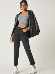 SHEIN BASICS Cotton V-Neck Fitted Crop Top - Grey - View 5