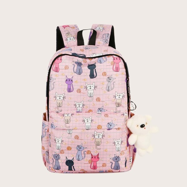 

Girls Cartoon Cat Graphic Large Capacity Backpack, Pink