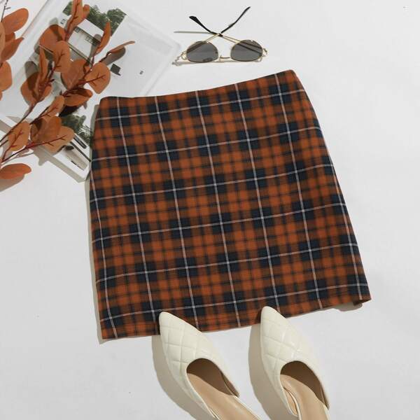 

Plaid Zipper Straight Hem Skirt, Multicolor