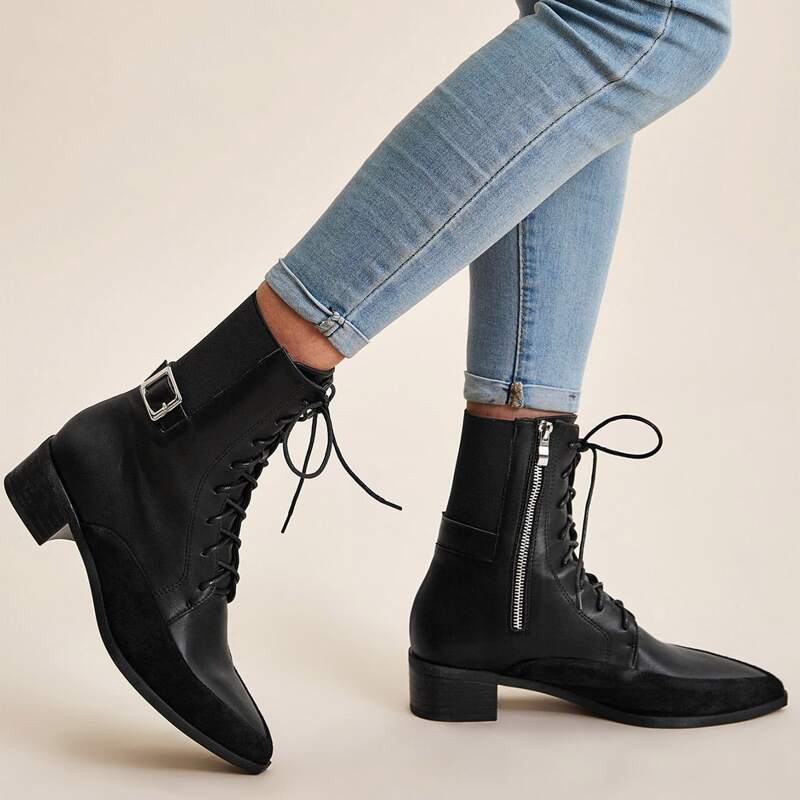 

Pin Buckle Decor Side Zip Combat Boots, Black