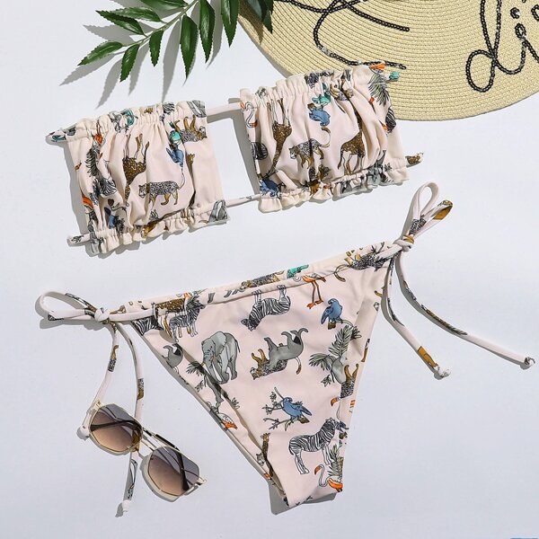 

Cartoon Animal Frill Bandeau Tie Side Bikini Swimsuit, Multicolor