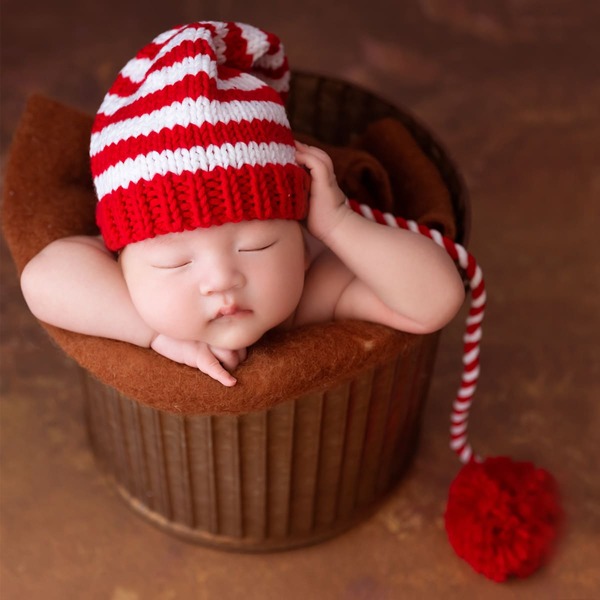 

Newborn Unisex Pom Pom Long Tail Striped Hat Photo Outfit, Red and white