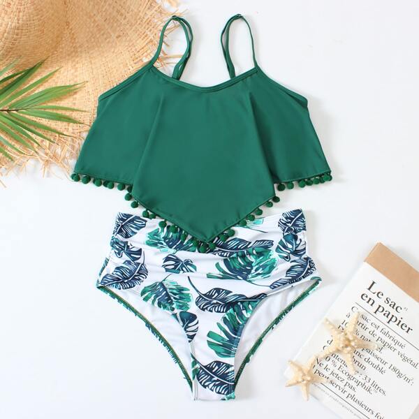 

Tropical Pom-pom Hanky Hem Ruched Bikini Swimsuit, Green