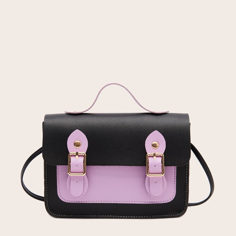 

Pin Buckle Decor Two Tone Flap Satchel Bag, Purple
