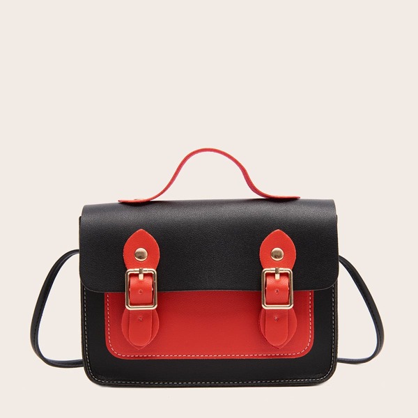 

Pin Buckle Decor Two Tone Flap Satchel Bag, Red