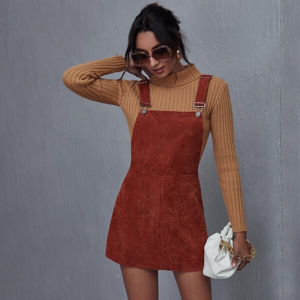 

Corduroy Solid Overall Dress Without Sweater, Red