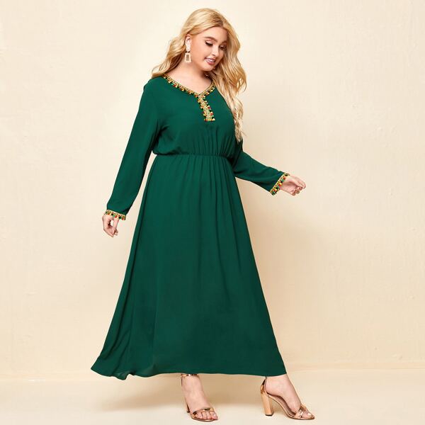 

Plus Graphic Print Fringe Detail A-line Dress, Dark green