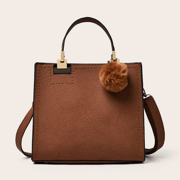 

Pom Pom Decor Satchel Bag, Brown