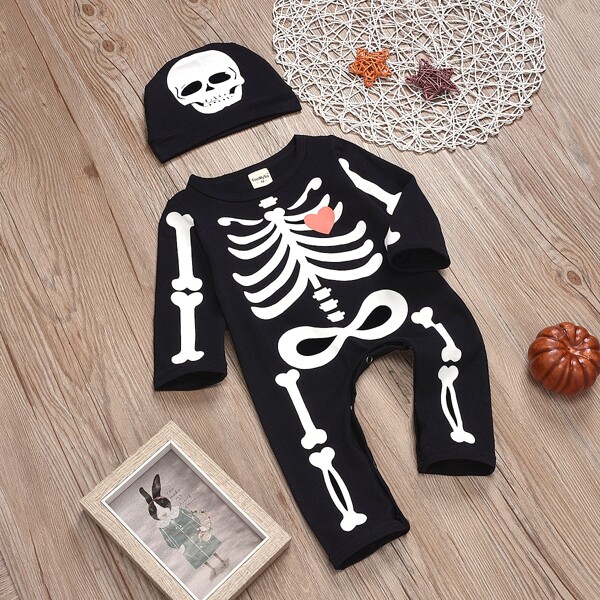 

Toddler Boys Skeleton & Heart Print Jumpsuit & Hat, Black