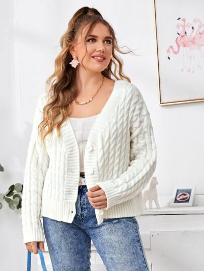 Plus Drop Shoulder Cable Knit Button Front Cardigan