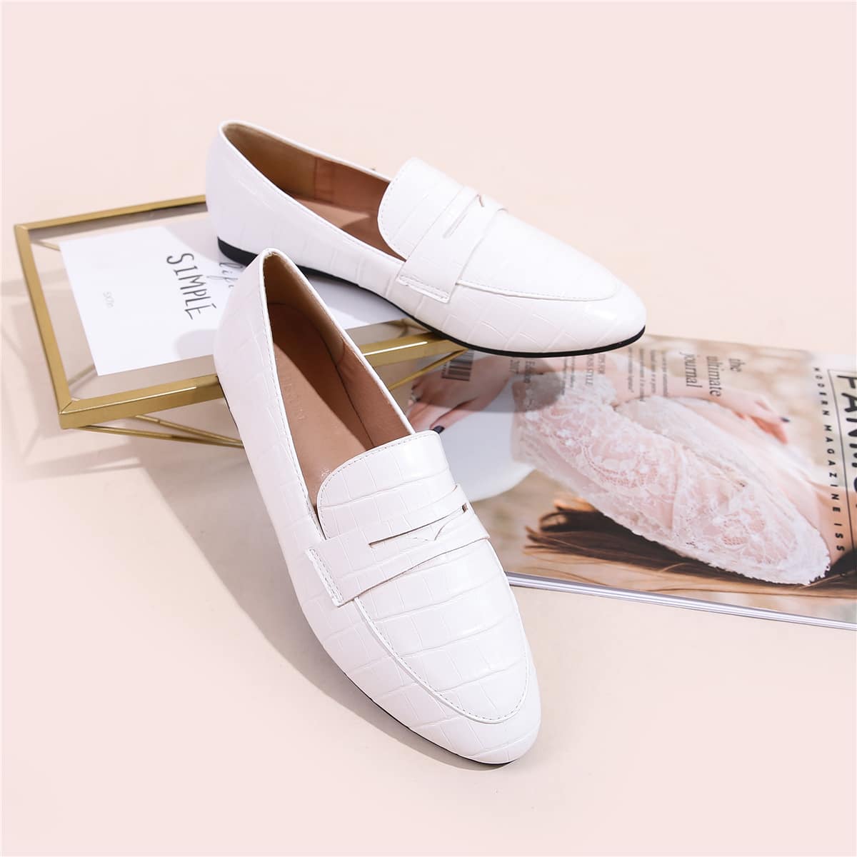 

Croc Embossed Slip On Loafers, White