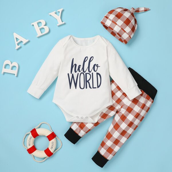 

Baby Unisex Letter Graphic Bodysuit & Gingham Pants & Hat, Multicolor