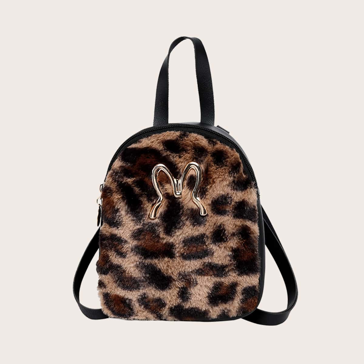 

Leopard Print Fluffy Backpack, Black