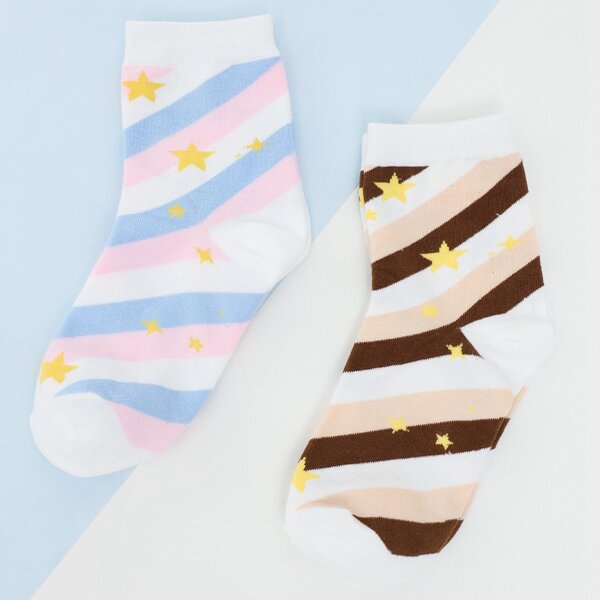 

2pairs Star Print Striped Socks, Multicolor