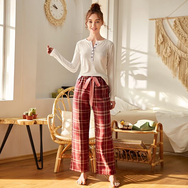 

Half Button Tee & Plaid Pants Pajama Set, Multicolor