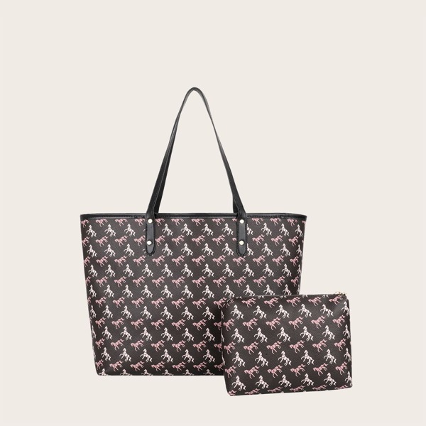 

Cartoon Graphic Tote Bag With Inner Pouch, Multicolor