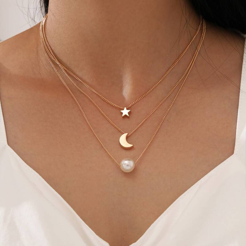

3pcs Faux Pearl Charm Necklace, Multicolor