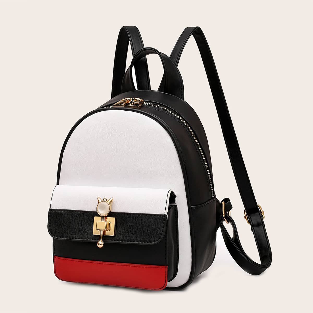

Color Block Pocket Front Backpack, Black