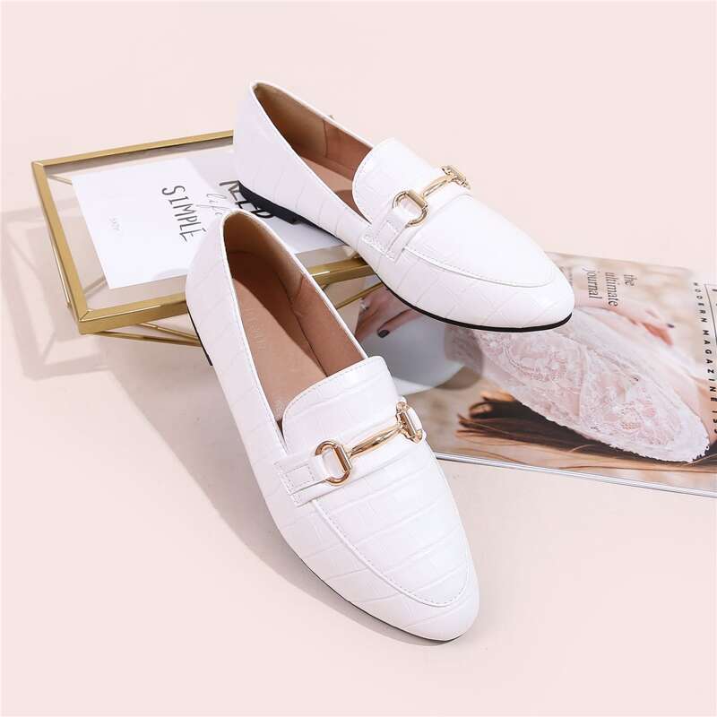 

Horsebit Decor Croc Embossed Loafers, White
