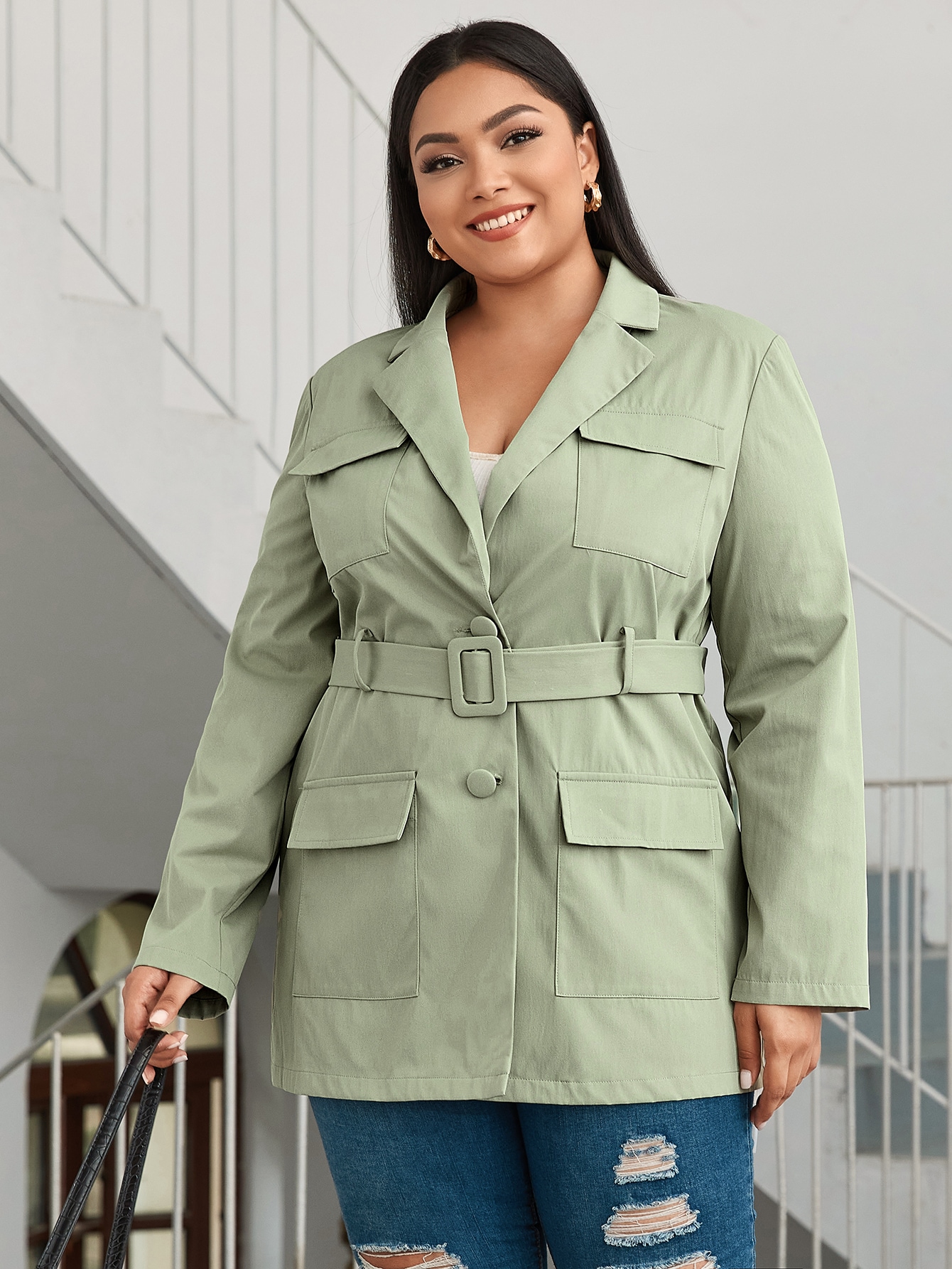 Plus Notched Collar Pocket Patched Buckle Belted Blazer thumbnail