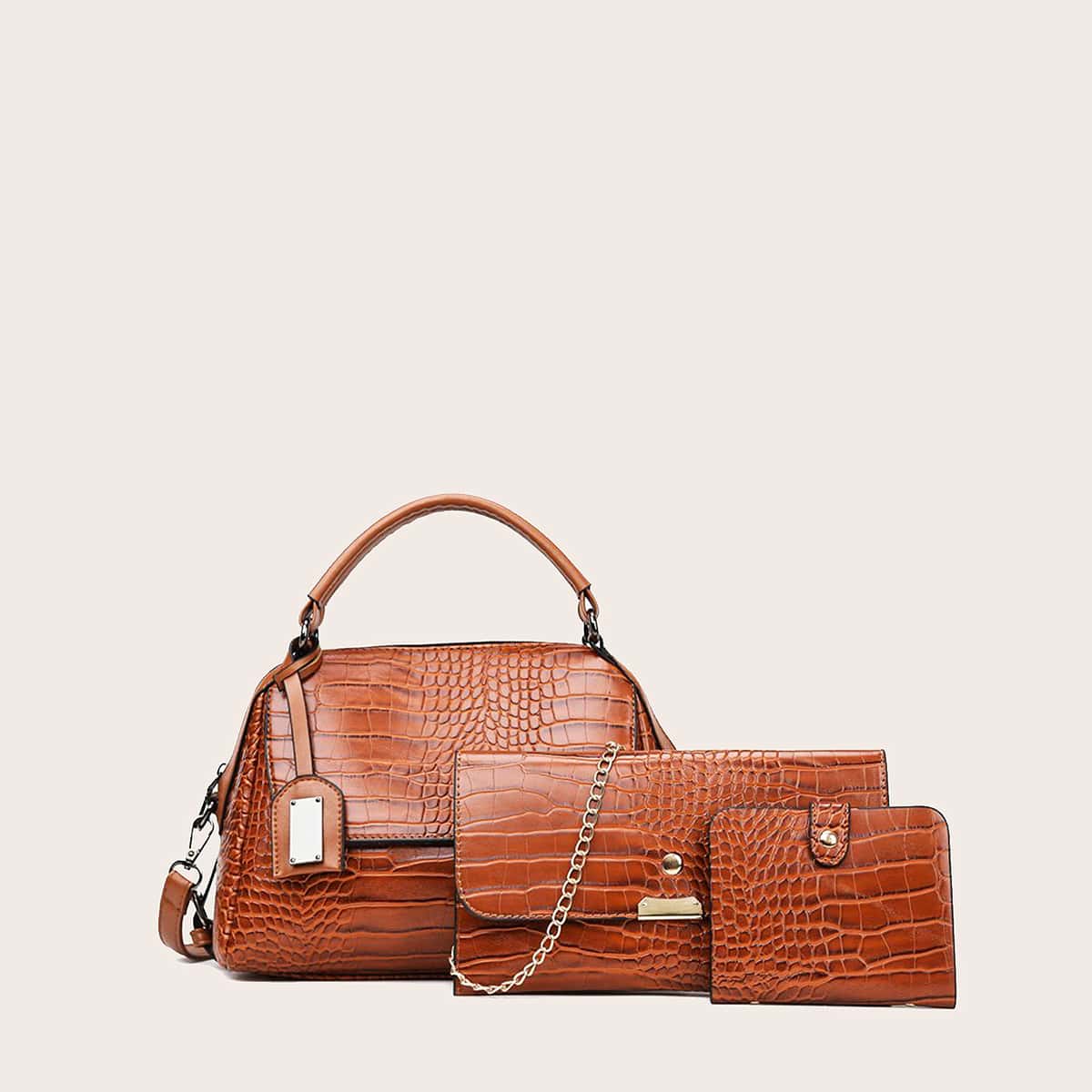 

3pcs Croc Embossed Satchel Bag Set, Brown