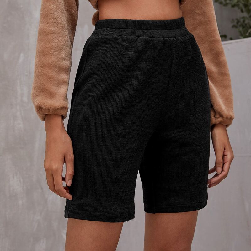 

Solid Elastic Waist Shorts, Black