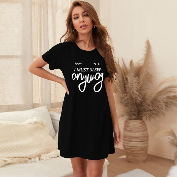 

Slogan Graphic Lounge Dress, Black