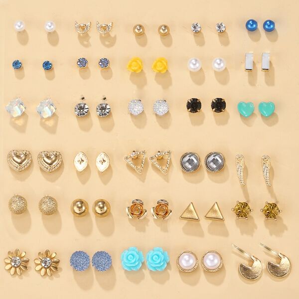 

30pairs Flower & Geo Design Stud Earrings, Multicolor