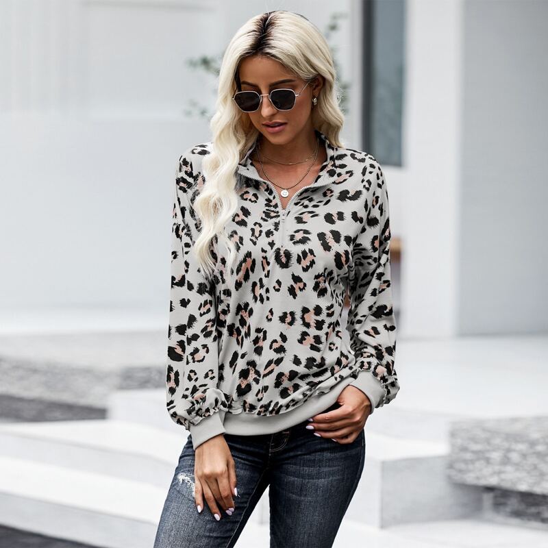 

Leopard Drop Shoulder Half Placket Sweatshirt, Multicolor