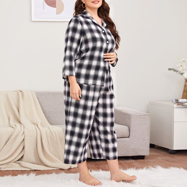 

Plus Plaid Button Front Top With Pants PJ Set, Black and white