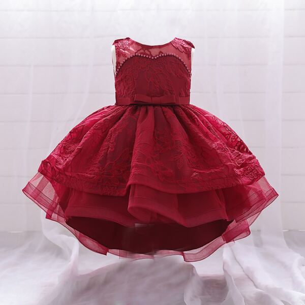 

Toddler Girls Solid Pearls Detail Tiered Hem Gown Dress, Burgundy