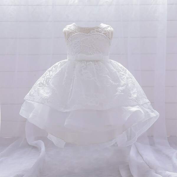 

Toddler Girls Solid Pearls Detail Tiered Hem Gown Dress, White